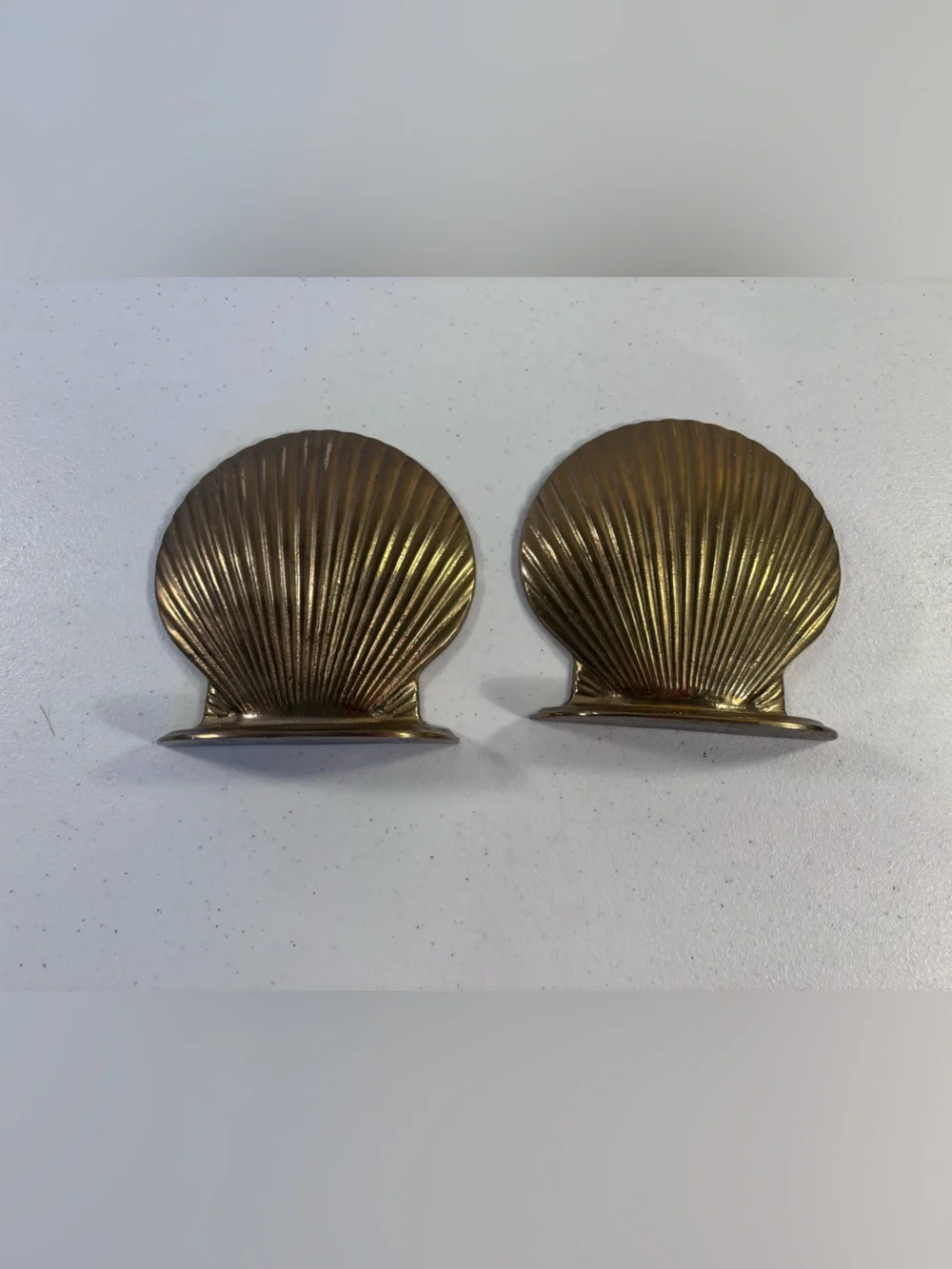 Gold Shell brass bookends. Vintage/mid century/Decorative Home Accent (Pair)